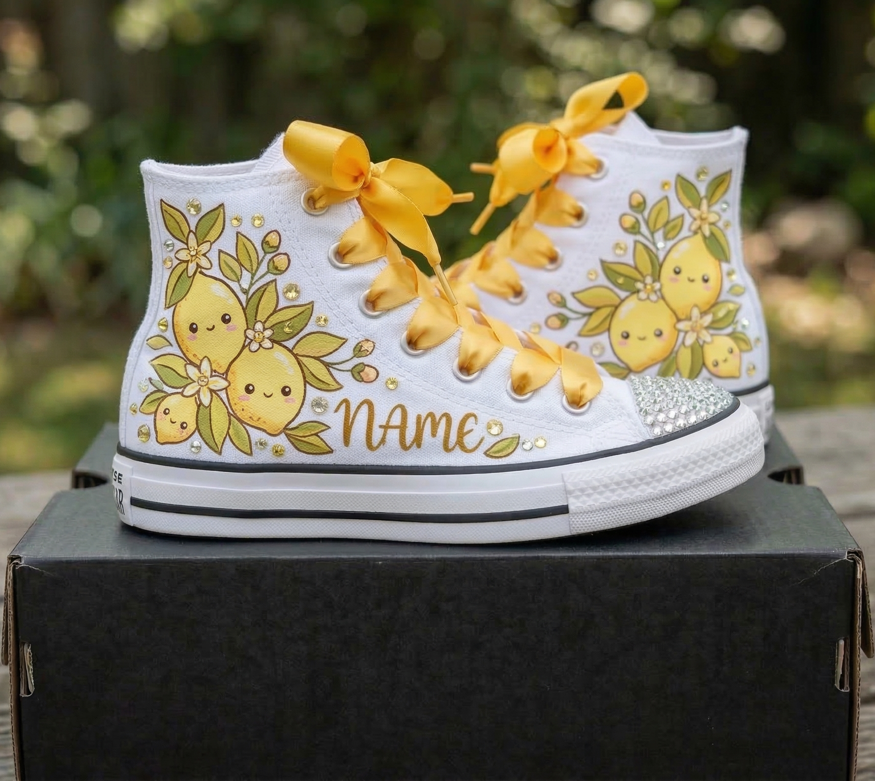 Custom Cute Lemons Lemonade High-Top Sneakers Shoes Personalized with Name, Ribbon Laces & Rhinestones Birthday Parties Everyday Gift