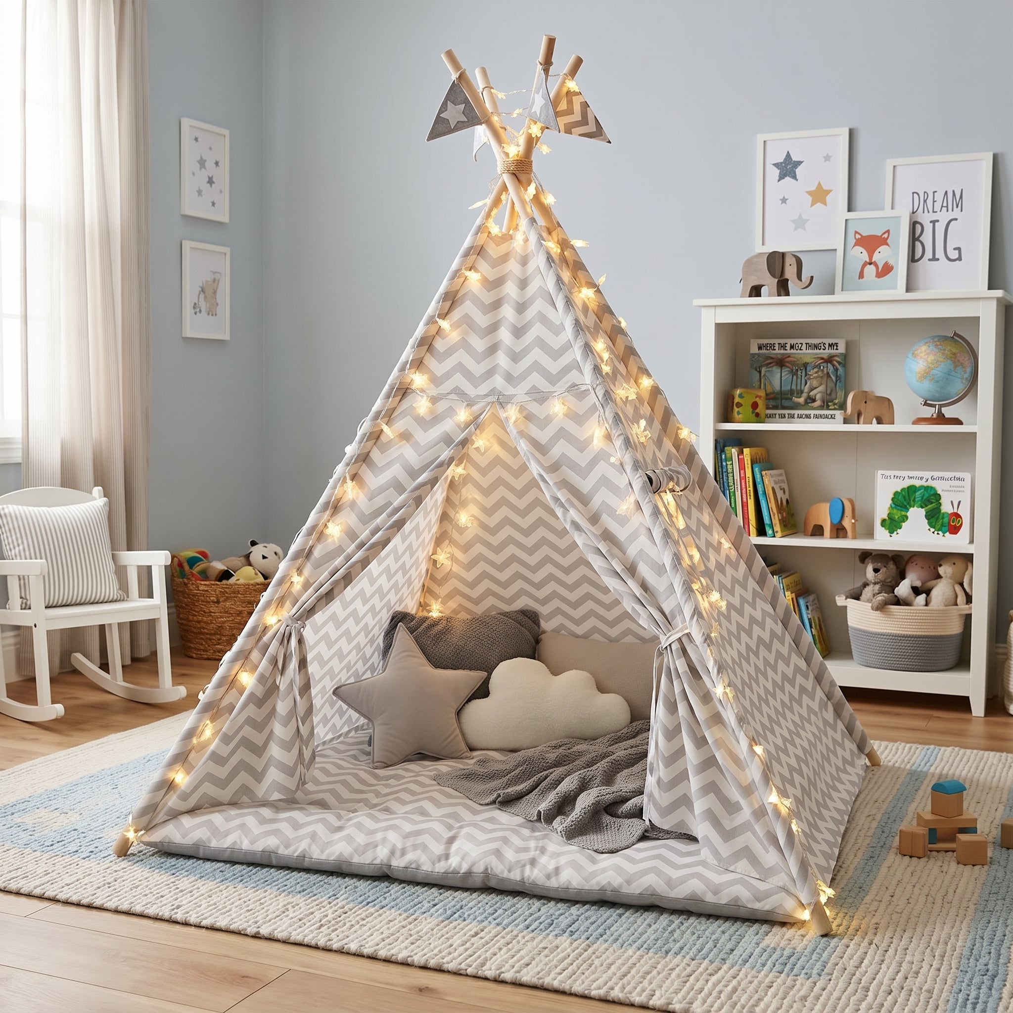 Light Grey & White Chevron Kids Teepee Play Tent with String Lights & Thick Padded Mat Tipi Playhouse Bedroom Playroom Decor