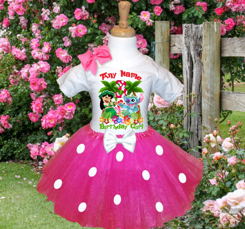 Lilo and Stitch Tutu Set Girls Personalized Custom Hot Pink White Polka Dots Tutu Outfit Dress Theme Cake Smash Birthday Party