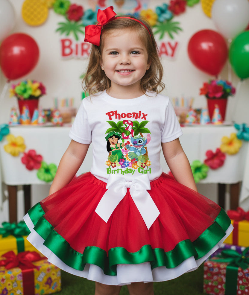 Lilo and Stitch Tutu Set Girls Personalized Custom Red Green White Ribbon Trim Tutu Outfit Dress Theme Cake Smash Birthday Party