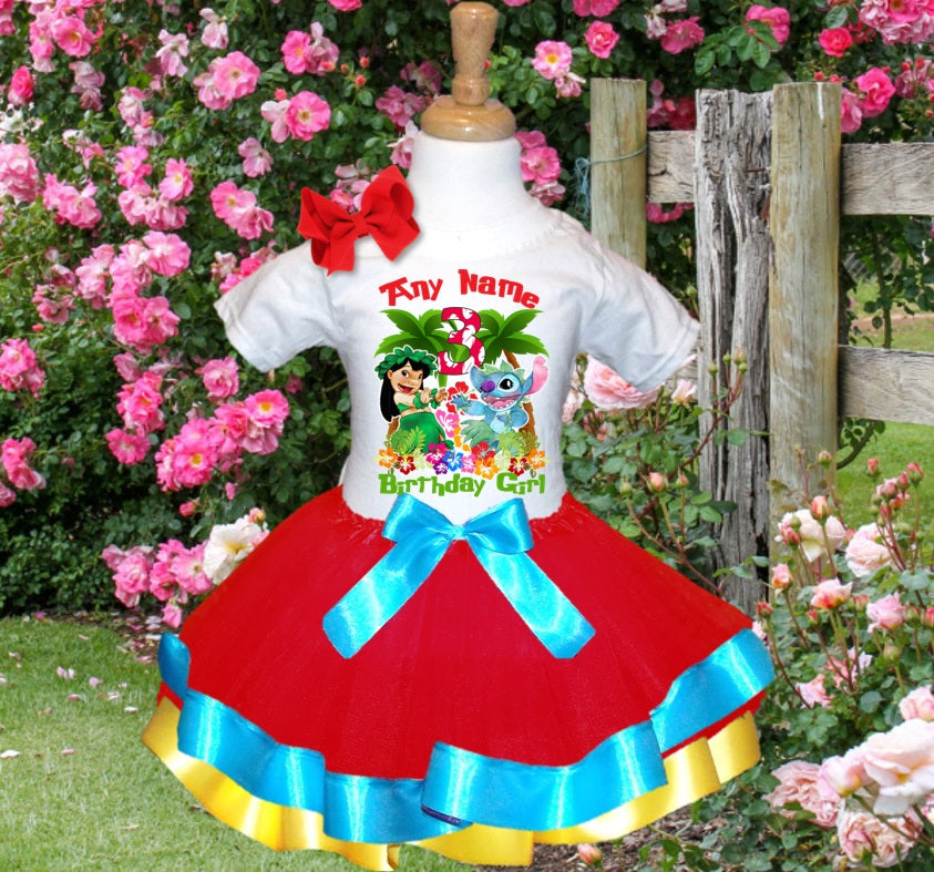 Lilo and Stitch Tutu Set Girls Personalized Custom Red Blue Yellow Ribbon Trim Tutu Outfit Dress Theme Cake Smash Birthday Party