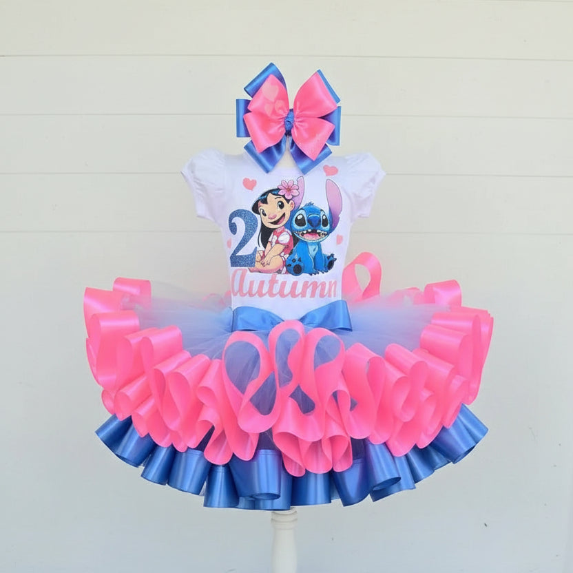 Chibi Cute Lilo and Stitch Tutu Set Girls Personalized Custom Pink Blue Ribbon Sewn Trim Tutu Outfit Dress Theme Cake Smash Birthday Party
