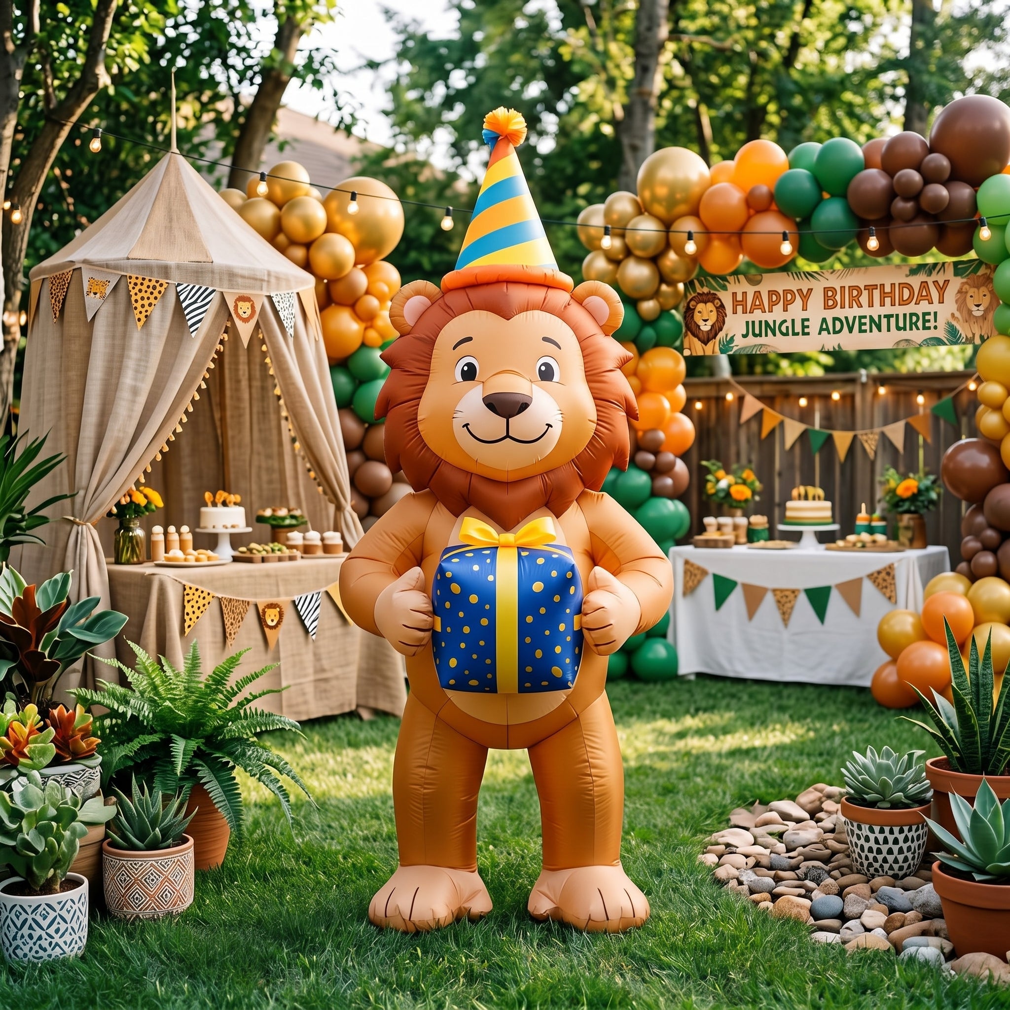 5' Safari Lion with Birthday Hat and Present Yard Birthday Inflatable Blow Up Decor Prop