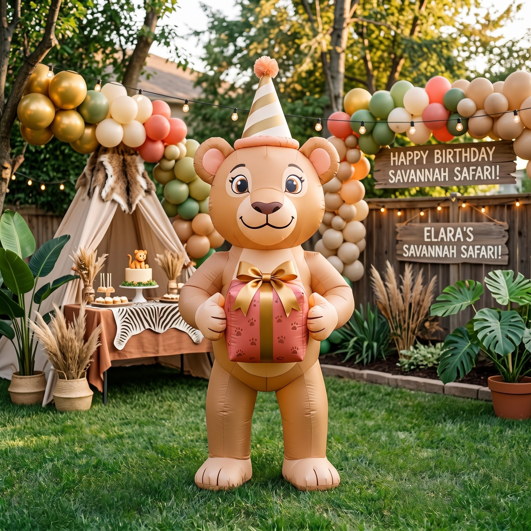5' Safari Lioness with Birthday Hat and Present Yard Birthday Inflatable Blow Up Decor Prop