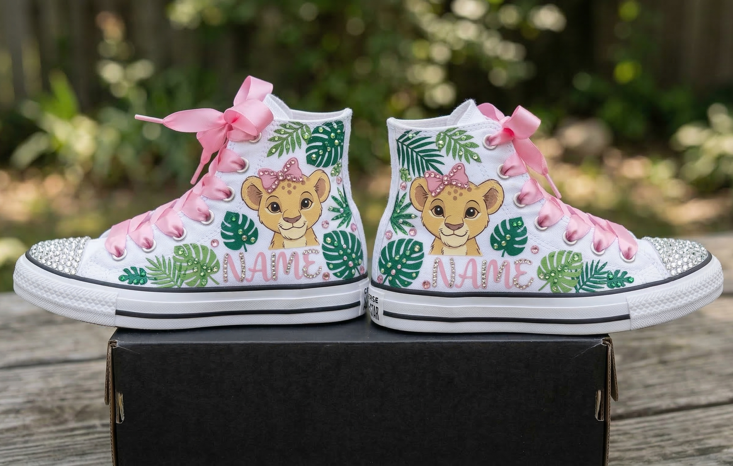 Custom Cute Safari Lioness Cub High-Top Sneakers Shoes Personalized with Name, Ribbon Laces & Rhinestones Birthday Parties Everyday Gift