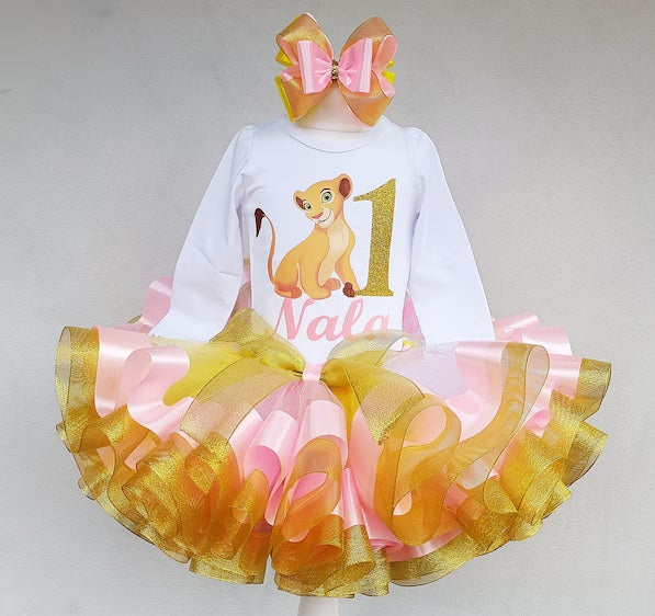 Nala Cub Lion King Tutu Set Girls Personalized Custom Pink Gold Ribbon Sewn Trim Tutu Outfit Dress Theme Cake Smash Birthday Party