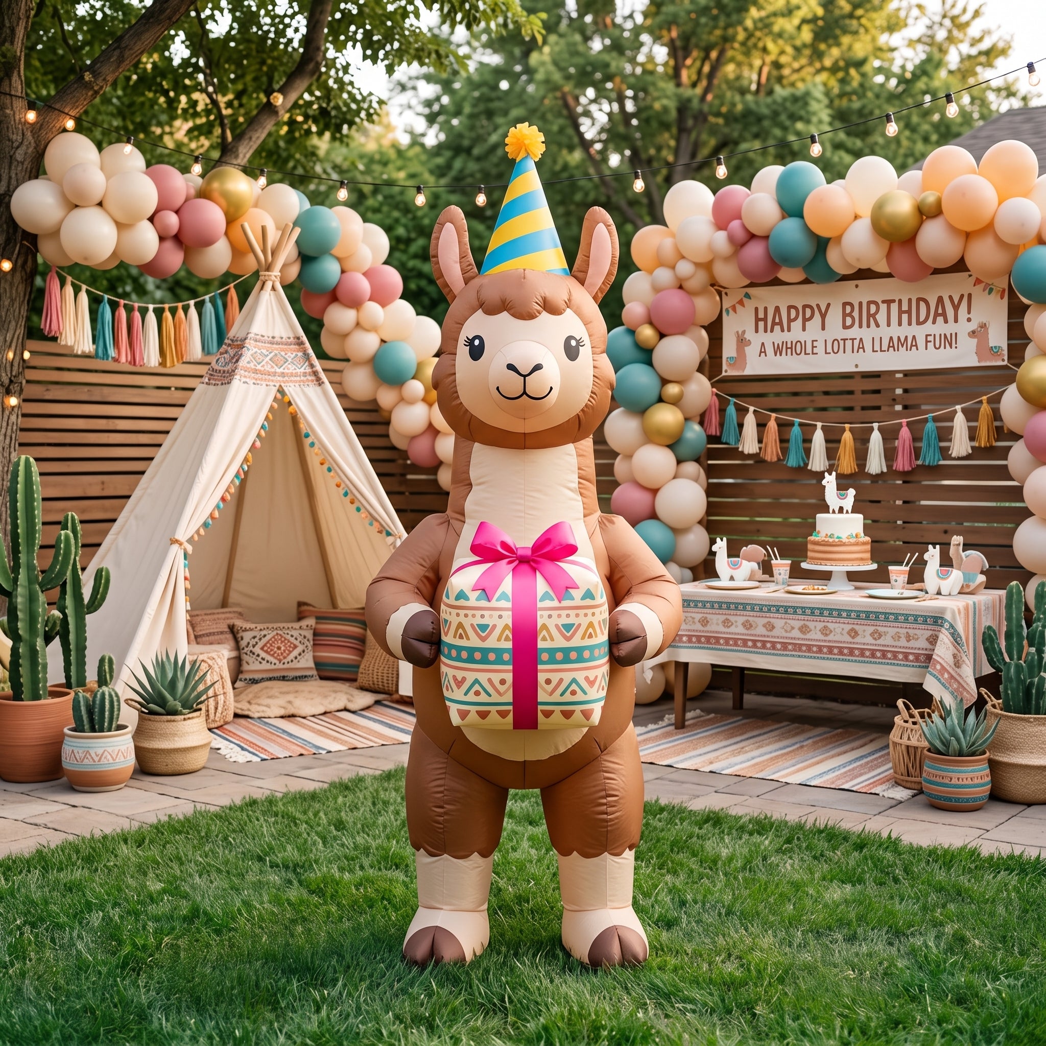 5' Cool Llama with Birthday Hat and Present Yard Birthday Inflatable Blow Up Decor Prop