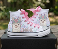 Custom Cute Llama High-Top Sneakers Shoes Personalized with Name, Ribbon Laces & Rhinestones Birthday Parties Everyday Gift