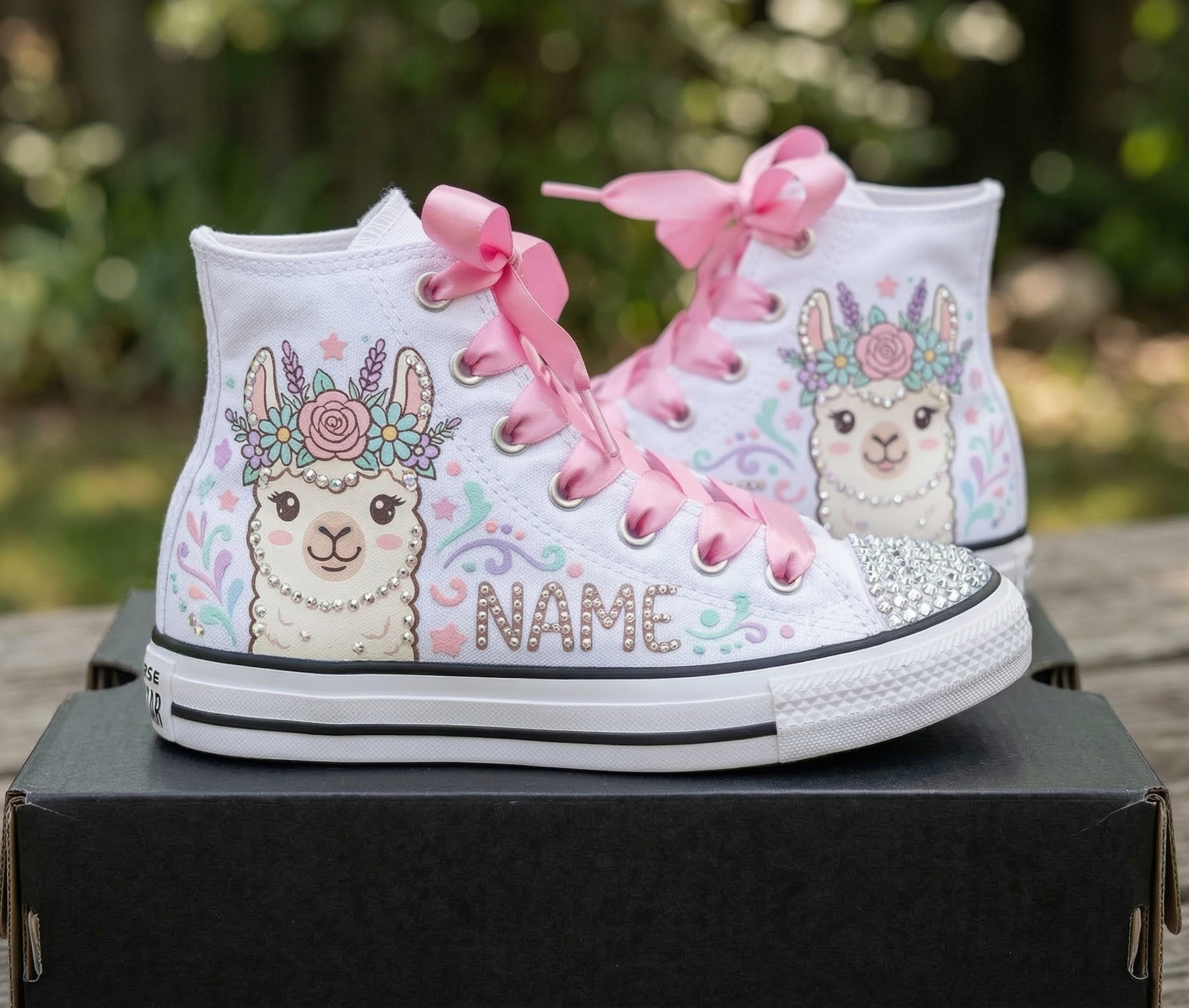 Custom Cute Llama High-Top Sneakers Shoes Personalized with Name, Ribbon Laces & Rhinestones Birthday Parties Everyday Gift