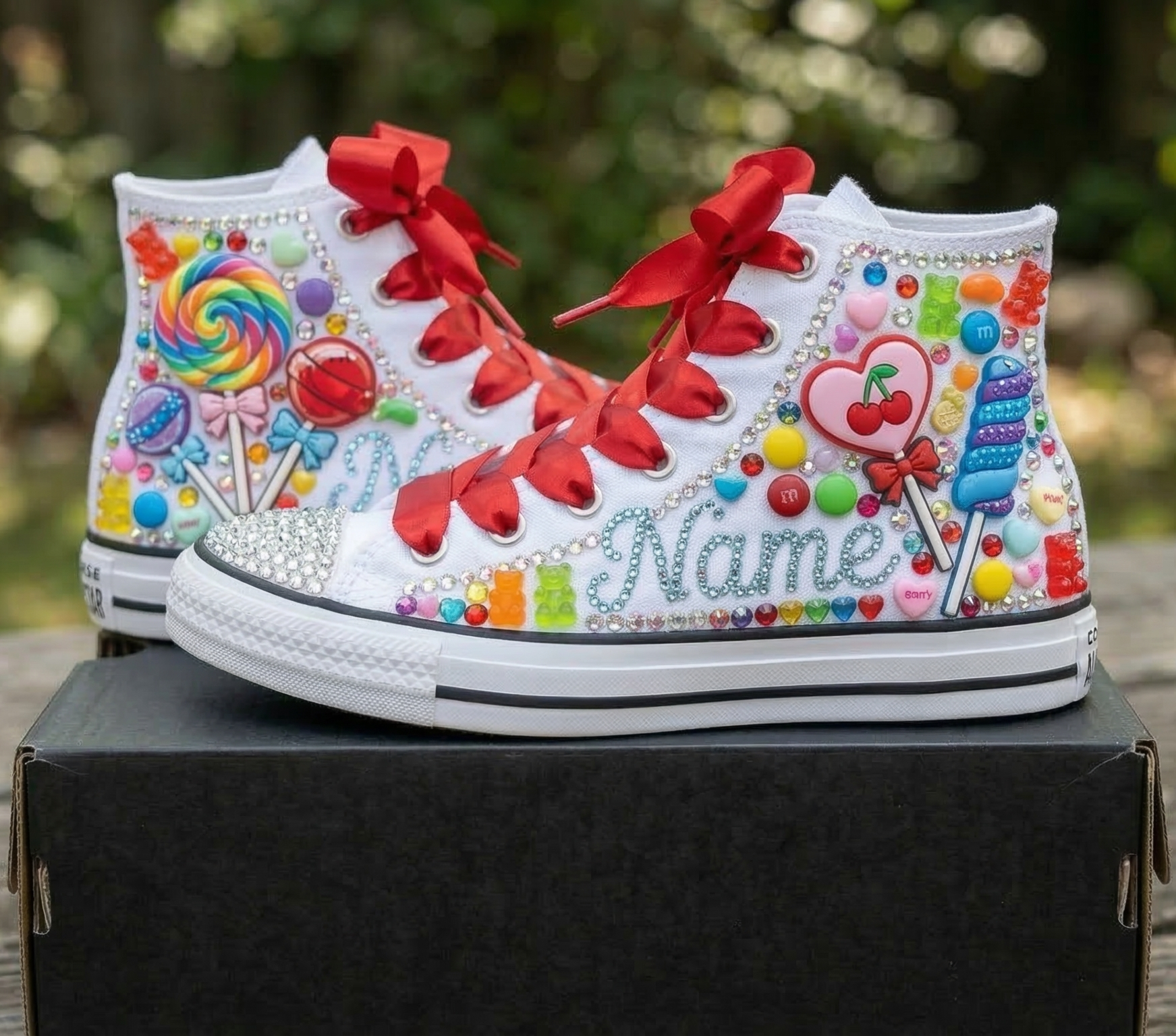 Custom Candyland Lollipops High-Top Sneakers Shoes Personalized with Name, Ribbon Laces & Rhinestones Birthday Parties Everyday Gift