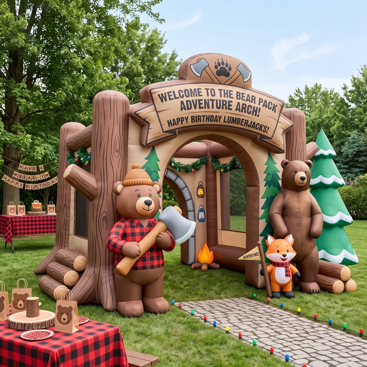 Lumberjack / Bear Pack Theme Premium 10' x 10' Birthday House Inflatable Blow Up Walk-Through Archway Experience Decor Prop