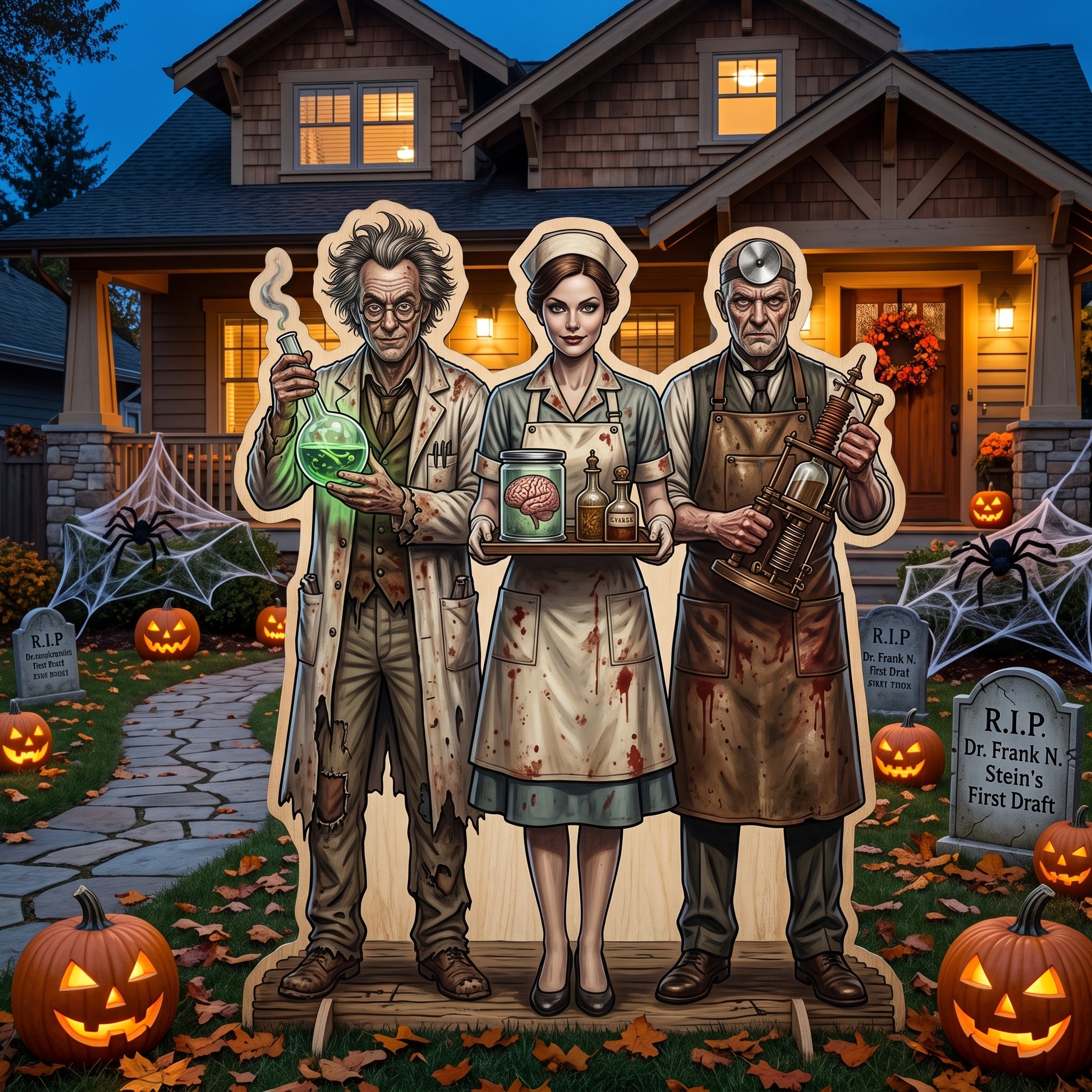 Life Size Mad Scientist Lab Characters Premium Freestanding Halloween Cutouts Yard Sign Decor Party Prop