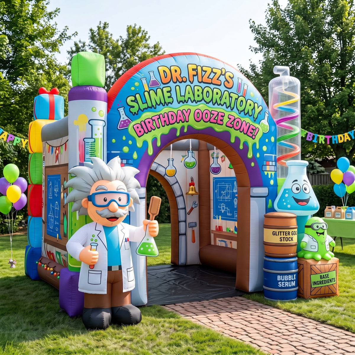Mad Scientist / Slime Lab Theme Premium 10' x 10' Birthday House Inflatable Blow Up Walk-Through Archway Experience Decor Prop