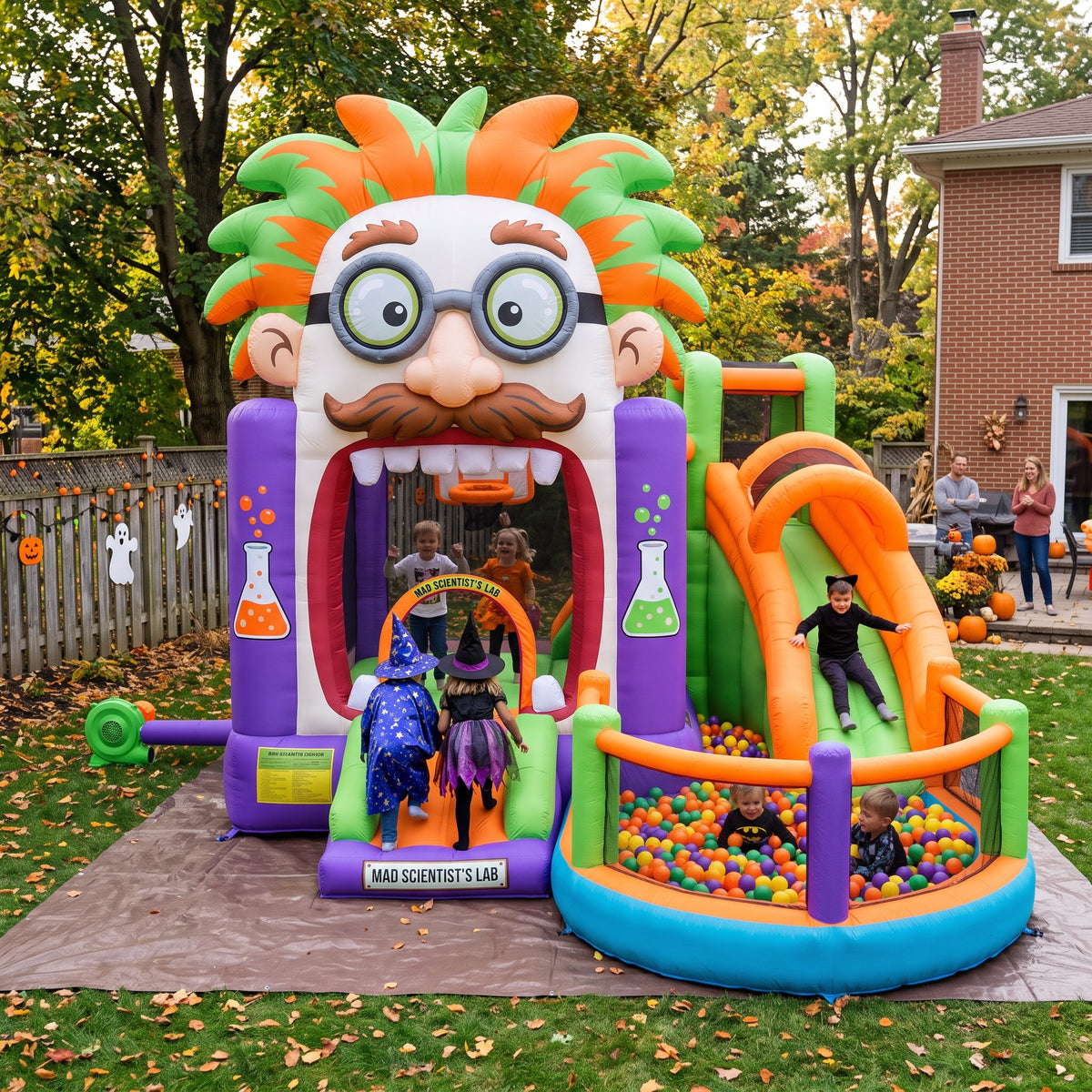 Play Bounce House Jumping Playhouse area with Slide and Ball Pit Halloween Mad Scientist's Head Castle Theme