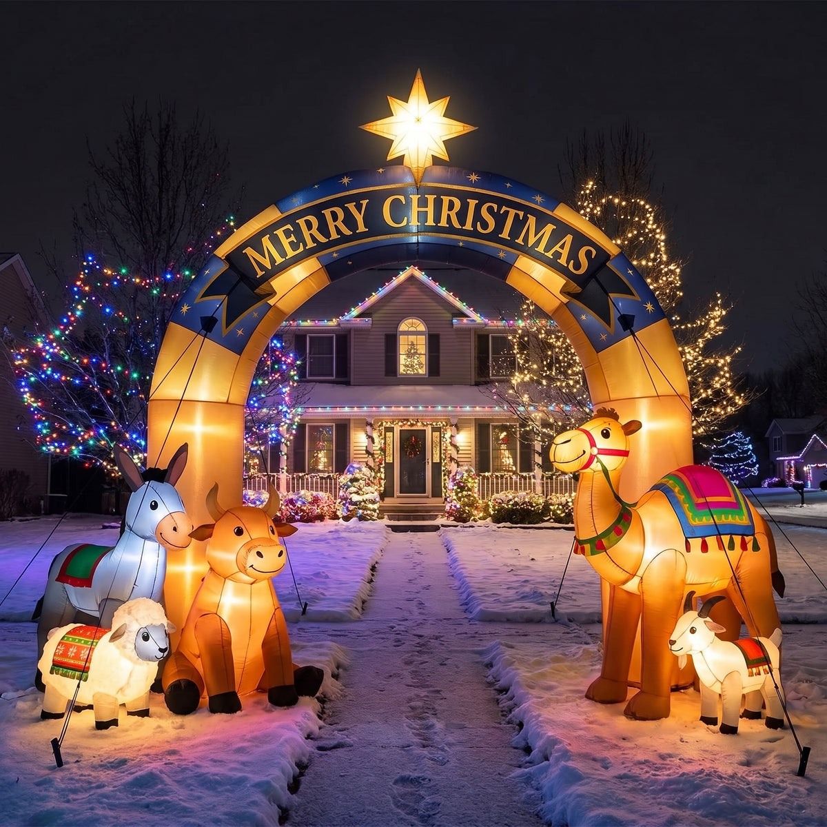10-Foot Giant Outdoor Illuminated Walkthrough The Manger Animals (The Midnight Miracle) Inflatable Archway Christmas Decor
