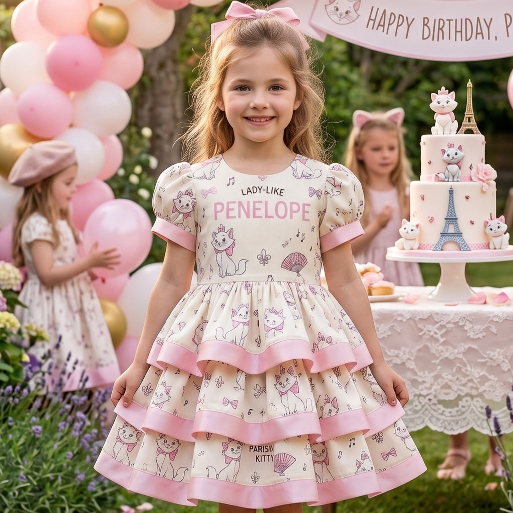 Aristocats Marie Kitty Cat Girls Personalized Custom Tiered Ruffle Dress Ribbon Trim Theme Cake Smash Birthday Party