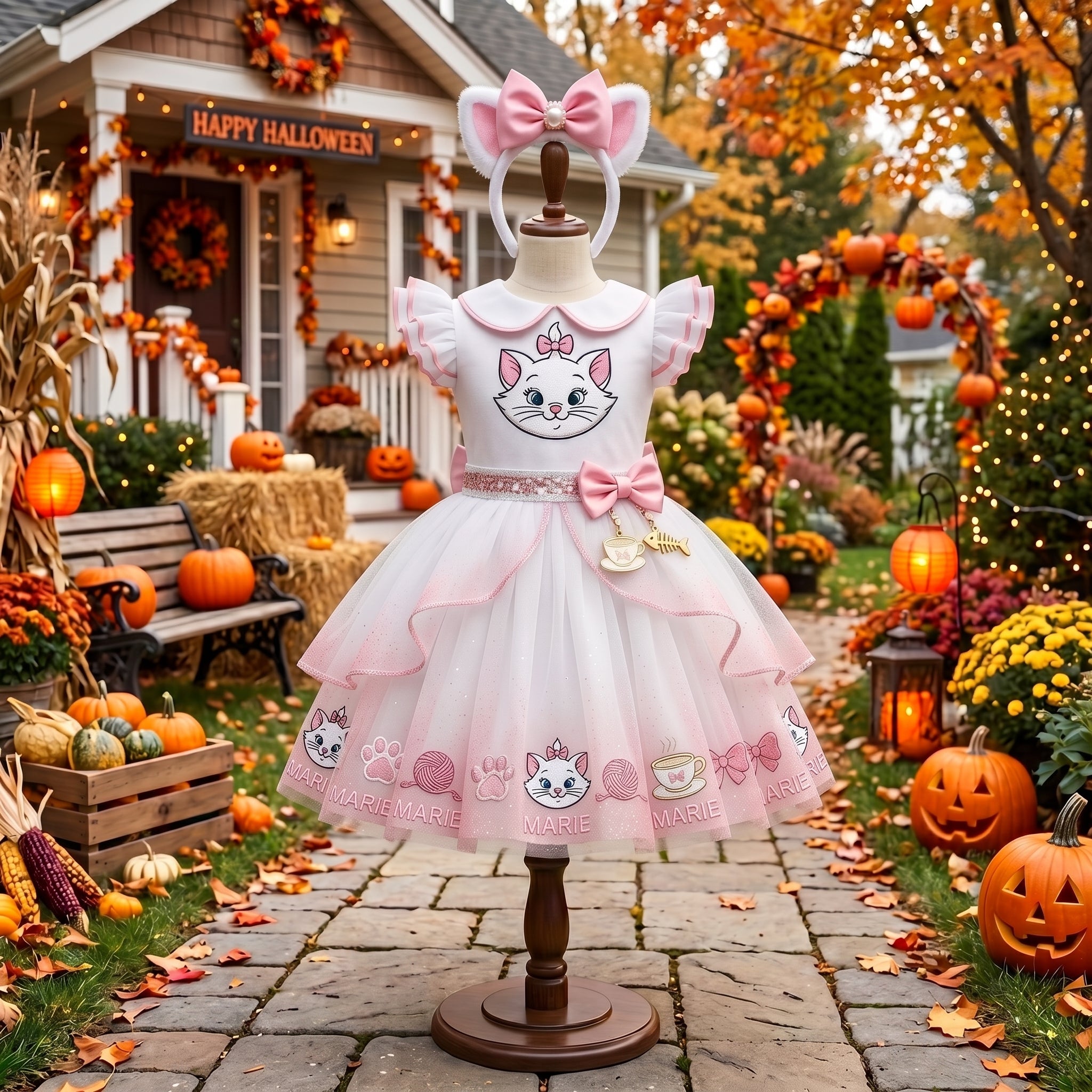 Aristocats Marie Kitty Cat Girls' Deluxe Sparkle Tutu Party Costume Dress Set with Matching Headband Halloween Birthday Pageant