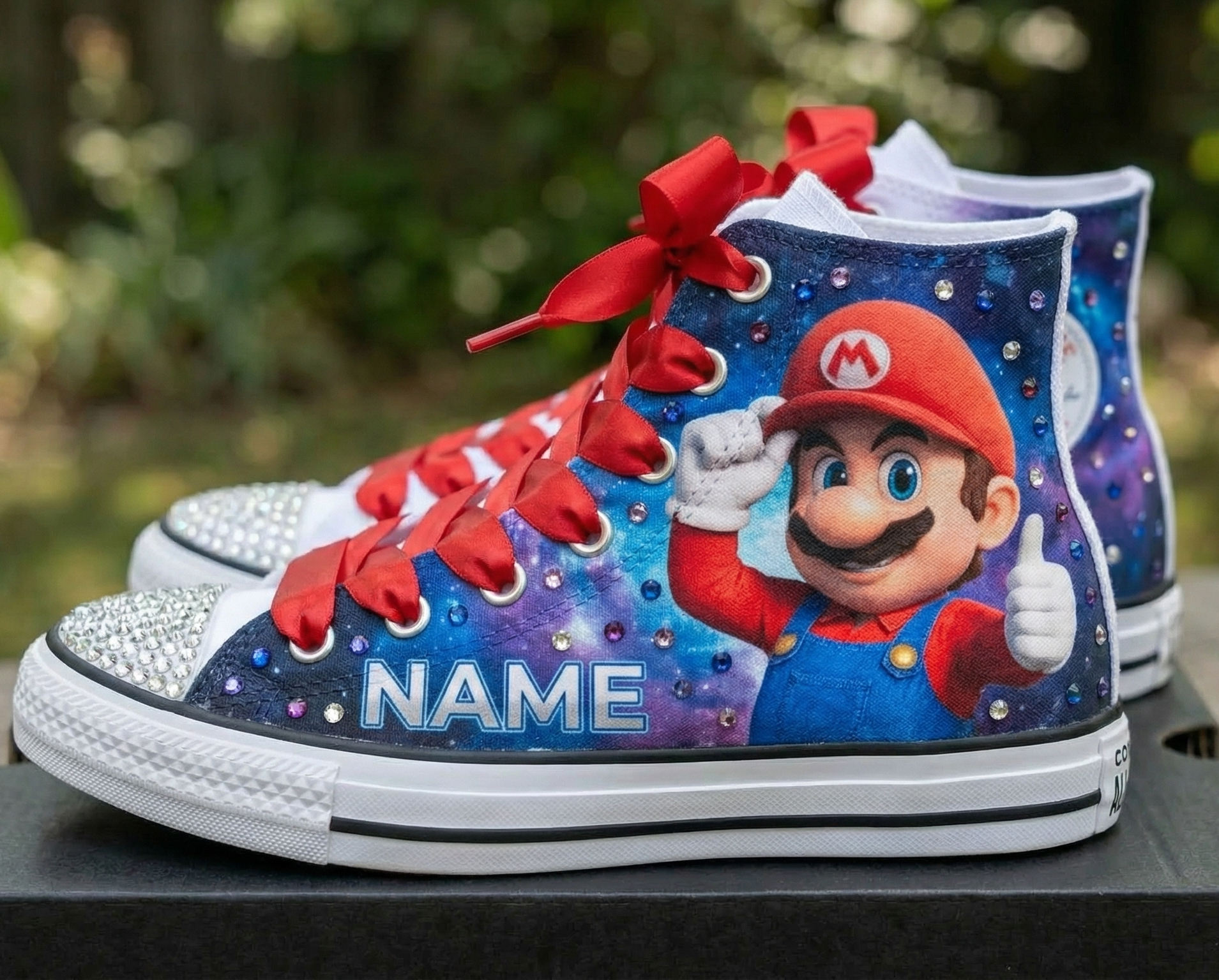 Custom Super Mario Galaxy Movie Mario High-Top Sneakers Shoes Personalized with Name, Ribbon Laces & Rhinestones Birthday Parties Everyday Gift