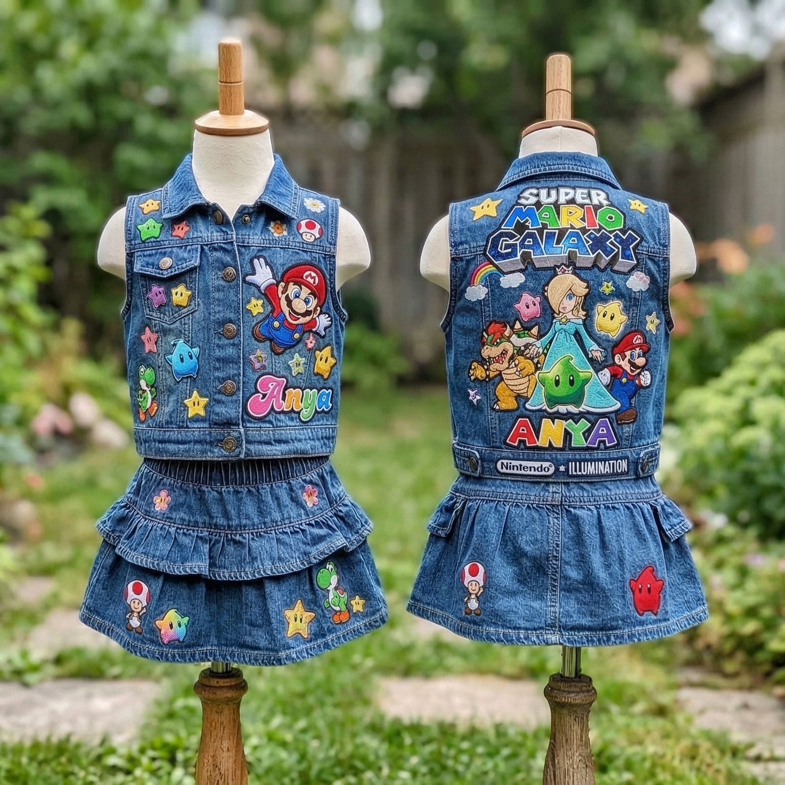 Personalized Custom Name Super Mario Galaxy Denim Vest & Skirt Set Birthday Party Cake Smash Gift