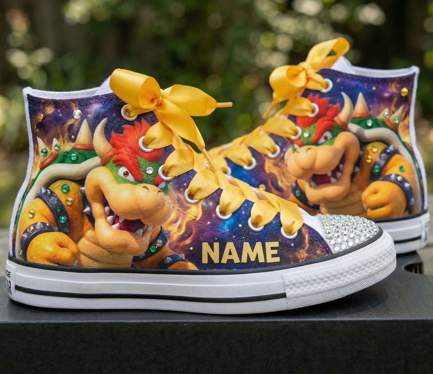 Custom Super Mario Galaxy Movie Koopa Bowser High-Top Sneakers Shoes Personalized with Name, Ribbon Laces & Rhinestones Birthday Parties Everyday Gift