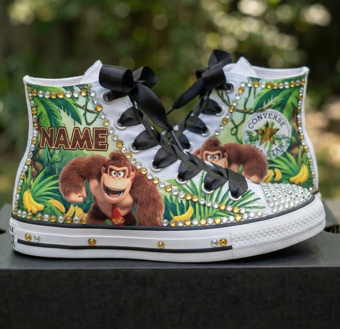 Custom Super Mario Galaxy Movie DK Donkey Kong High-Top Sneakers Shoes Personalized with Name, Ribbon Laces & Rhinestones Birthday Parties Everyday Gift