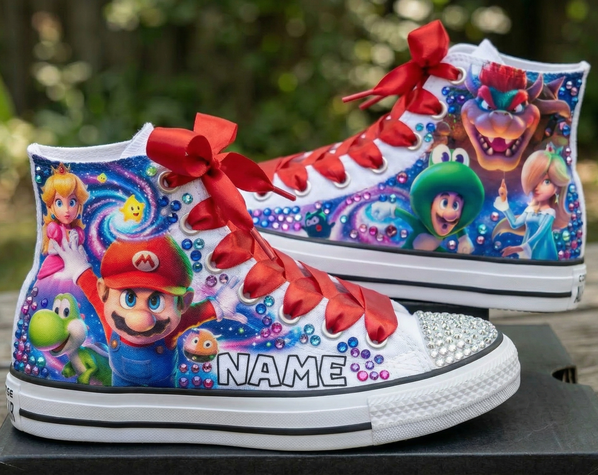 Custom Super Mario Galaxy Movie High-Top Sneakers Shoes Personalized with Name, Ribbon Laces & Rhinestones Birthday Parties Everyday Gift