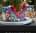 Custom Super Mario Galaxy Movie Group High-Top Sneakers Shoes Personalized with Name, Ribbon Laces & Rhinestones Birthday Parties Everyday Gift