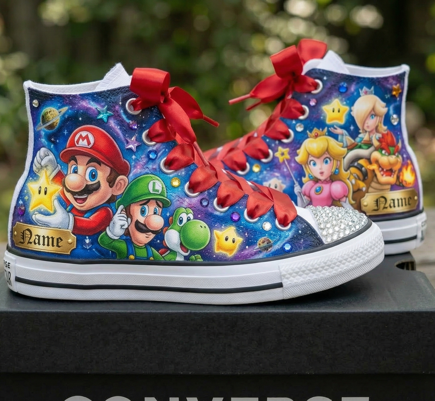 Custom Super Mario Galaxy Movie Group High-Top Sneakers Shoes Personalized with Name, Ribbon Laces & Rhinestones Birthday Parties Everyday Gift