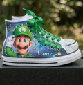 Custom Super Mario Galaxy Movie Luigi High-Top Sneakers Shoes Personalized with Name, Ribbon Laces & Rhinestones Birthday Parties Everyday Gift