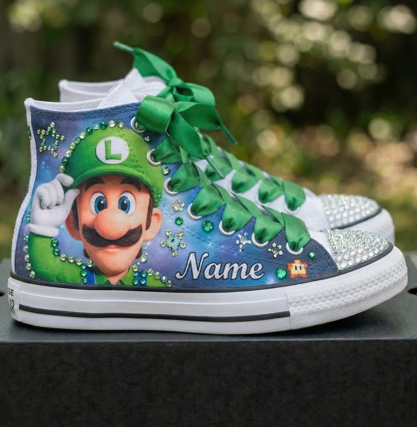 Custom Super Mario Galaxy Movie Luigi High-Top Sneakers Shoes Personalized with Name, Ribbon Laces & Rhinestones Birthday Parties Everyday Gift