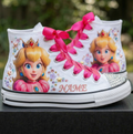 Custom Super Mario Galaxy Movie Princess Peach High-Top Sneakers Shoes Personalized with Name, Ribbon Laces & Rhinestones Birthday Parties Everyday Gift
