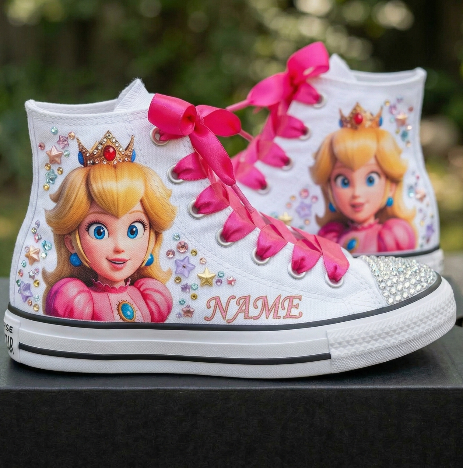 Custom Super Mario Galaxy Movie Princess Peach High-Top Sneakers Shoes Personalized with Name, Ribbon Laces & Rhinestones Birthday Parties Everyday Gift