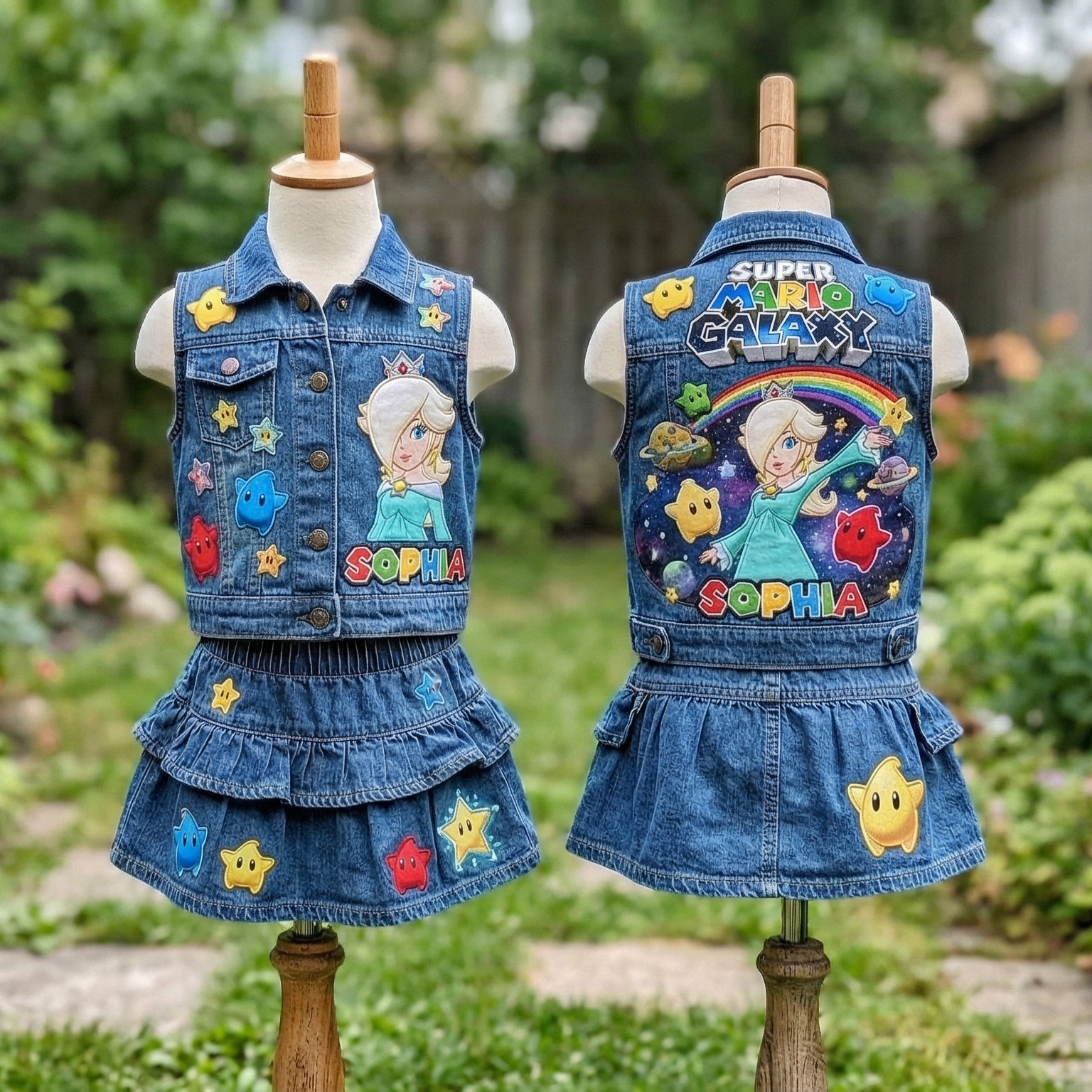 Personalized Custom Name Super Mario Princess Rosalina Denim Vest & Skirt Set Birthday Party Cake Smash Gift