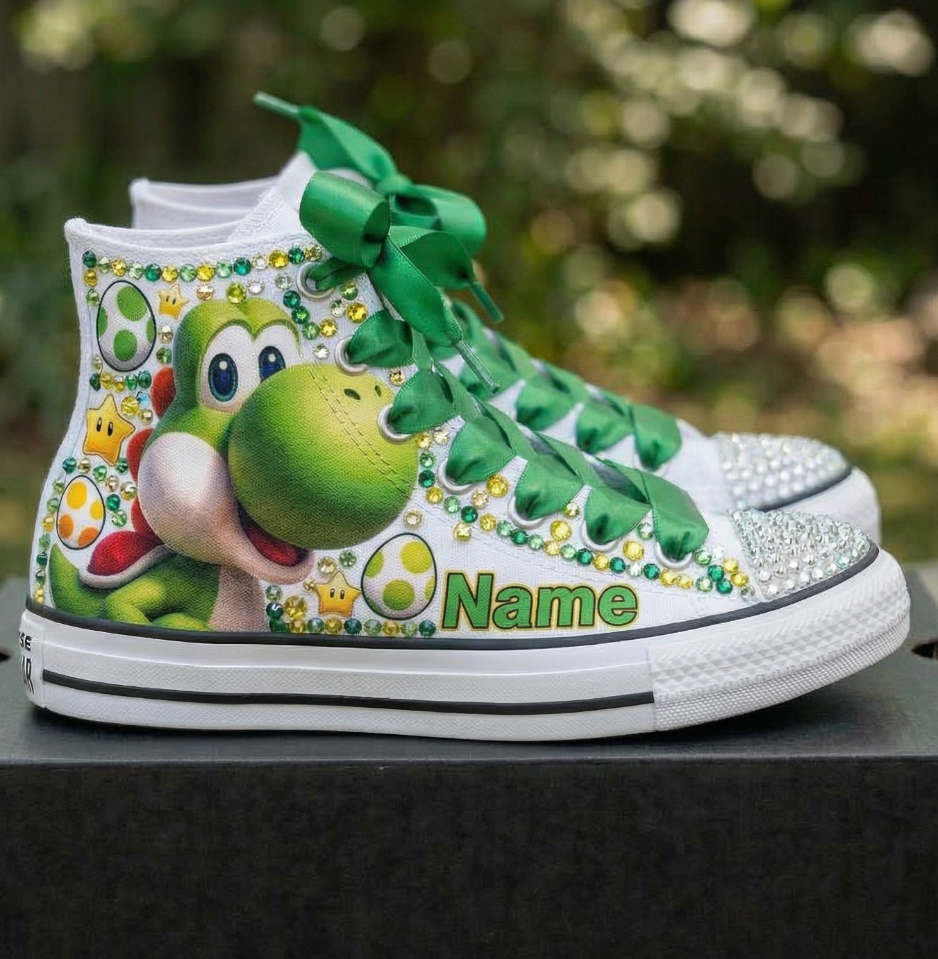 Custom Super Mario Galaxy Movie Yoshi High-Top Sneakers Shoes Personalized with Name, Ribbon Laces & Rhinestones Birthday Parties Everyday Gift