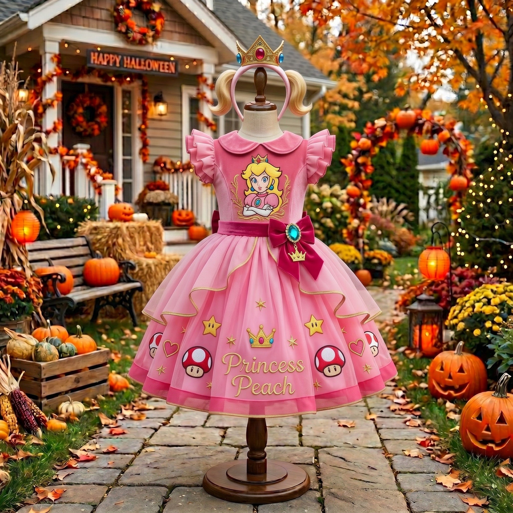 Princess Peach Girls' Deluxe Sparkle Tutu Party Costume Dress Set with Matching Headband Halloween Birthday Pageant