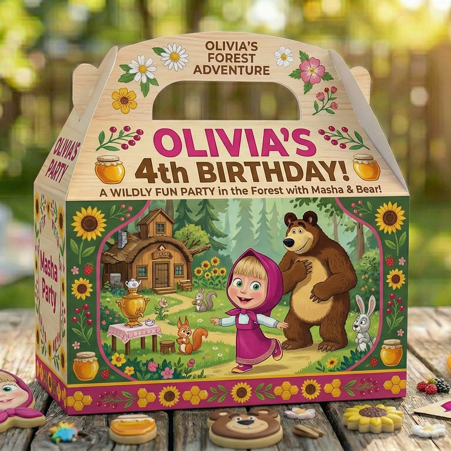 (Pack of 6) Masha and the Bear Custom Personalized Birthday Party Favor Gable Treat Boxes