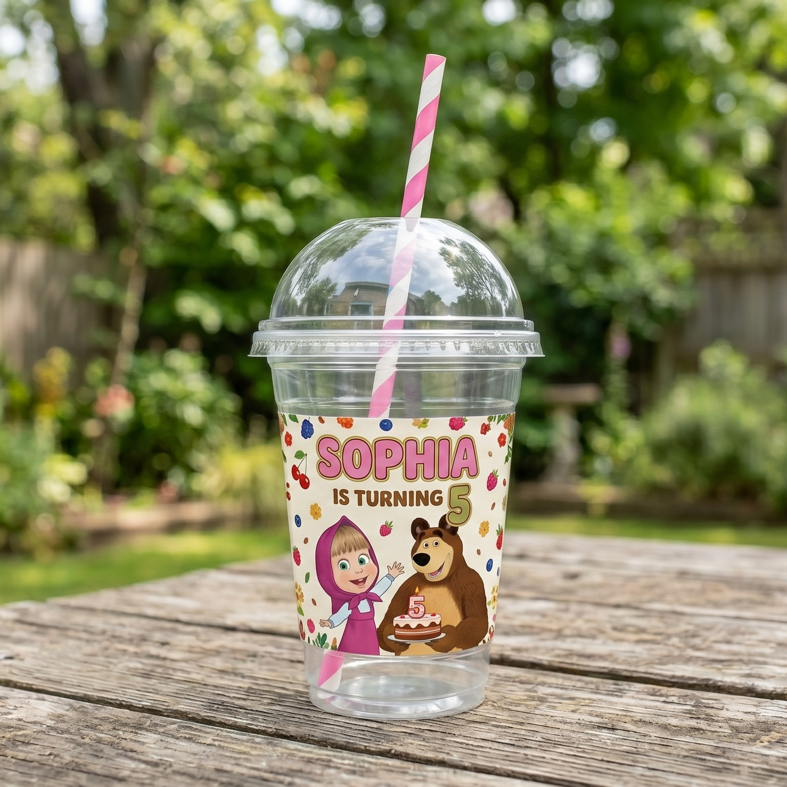 (Pack of 6) Masha and the Bear Custom Personalized Birthday Party 16 oz Cups with Dome Lids & Straws