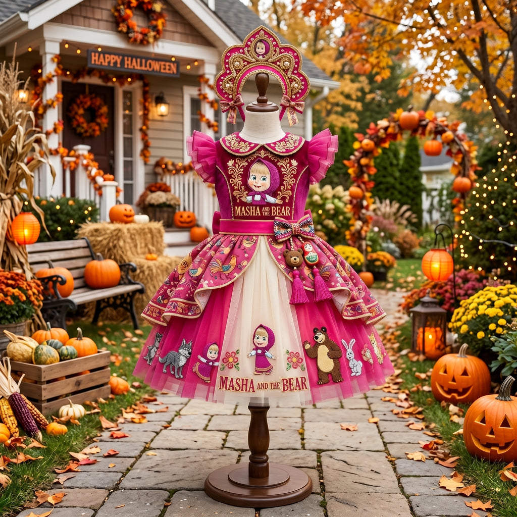 Masha and the Bear Girls' Deluxe Sparkle Tutu Party Costume Dress Set with Matching Headband Halloween Birthday Pageant