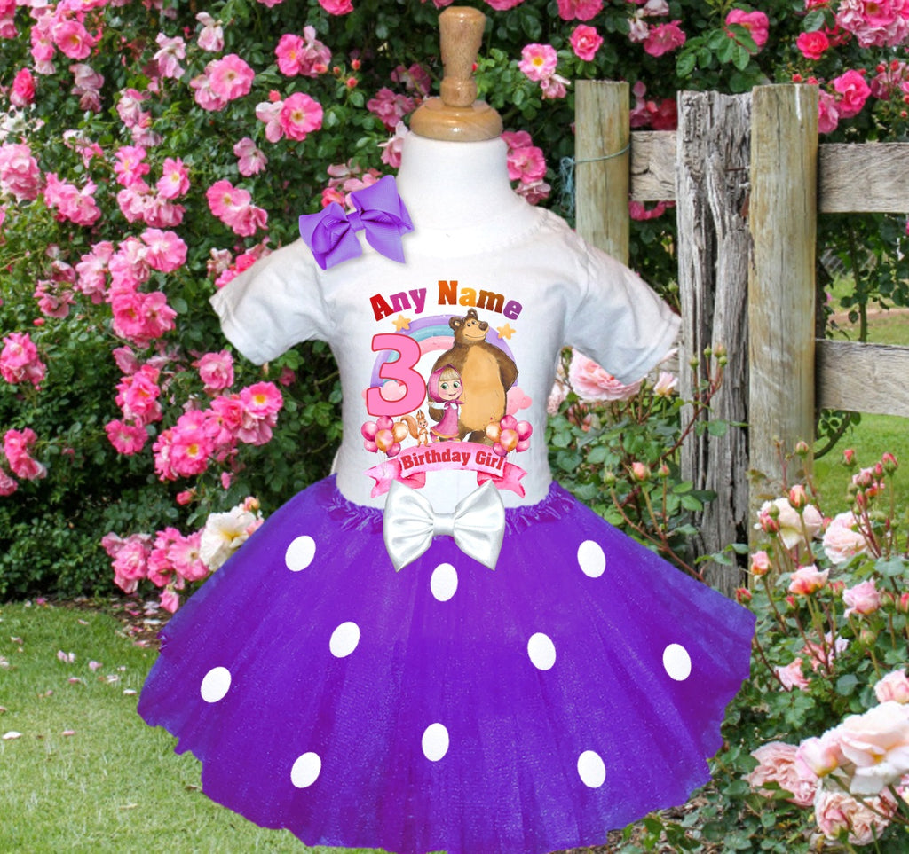 Masha and The Bear Tutu Set Girls Personalized Custom Purple White Polka Dots Tutu Outfit Dress Theme Cake Smash Birthday Party