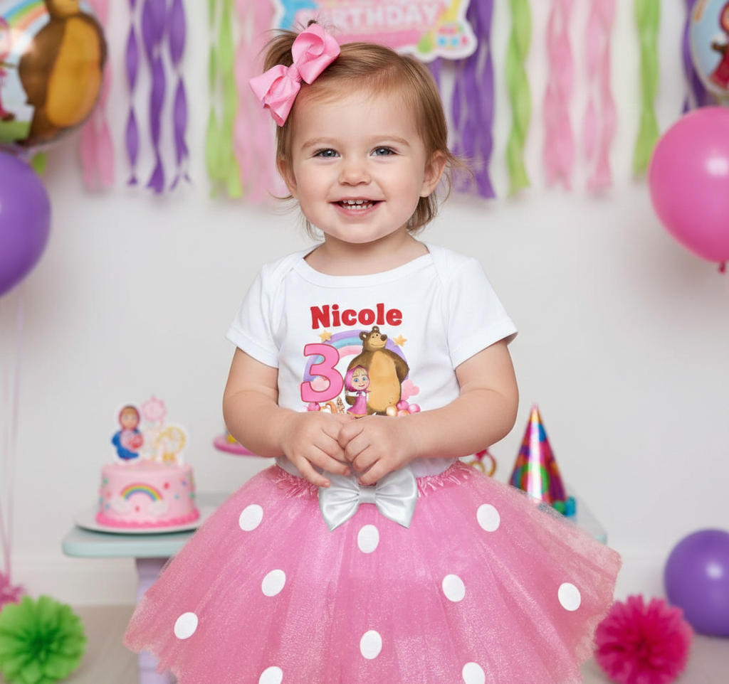 Masha and The Bear Tutu Set Girls Personalized Custom Pink White Polka Dots Tutu Outfit Dress Theme Cake Smash Birthday Party