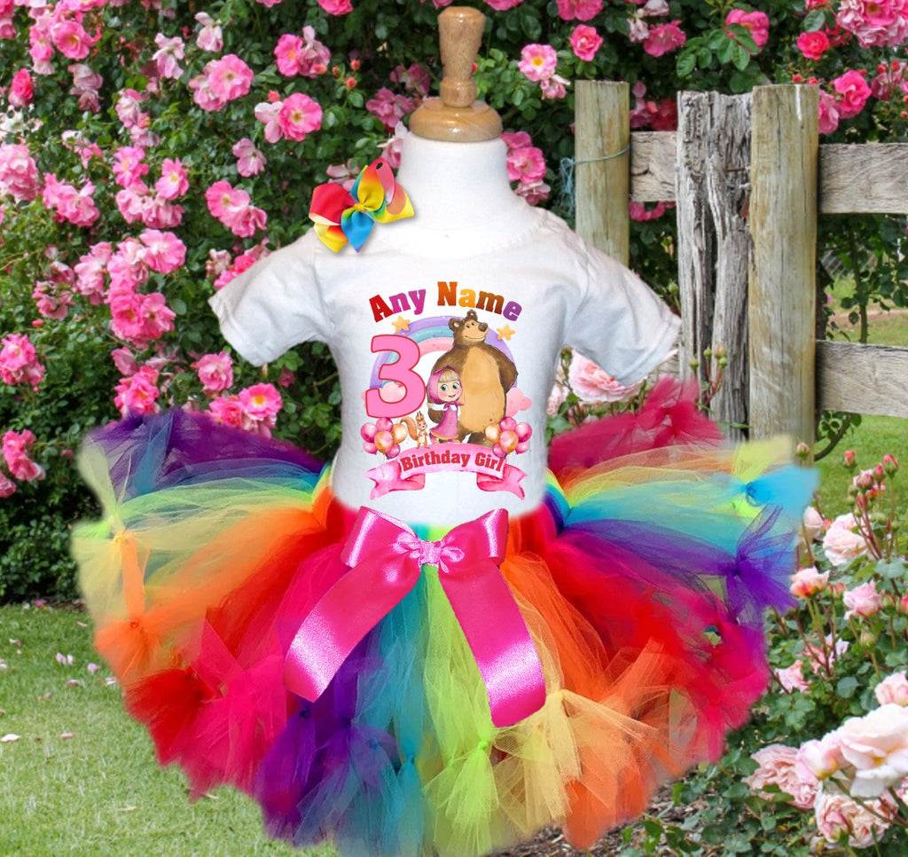 Masha and The Bear Tutu Set Girls Personalized Custom Rainbow Knots Tutu Outfit Dress Theme Cake Smash Birthday Party