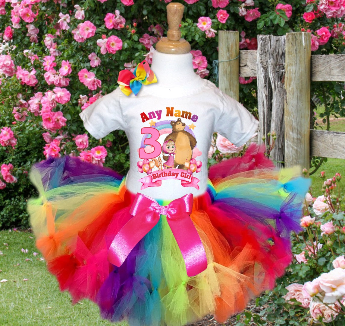 Masha and The Bear Tutu Set Girls Personalized Custom Rainbow Knots Tutu Outfit Dress Theme Cake Smash Birthday Party