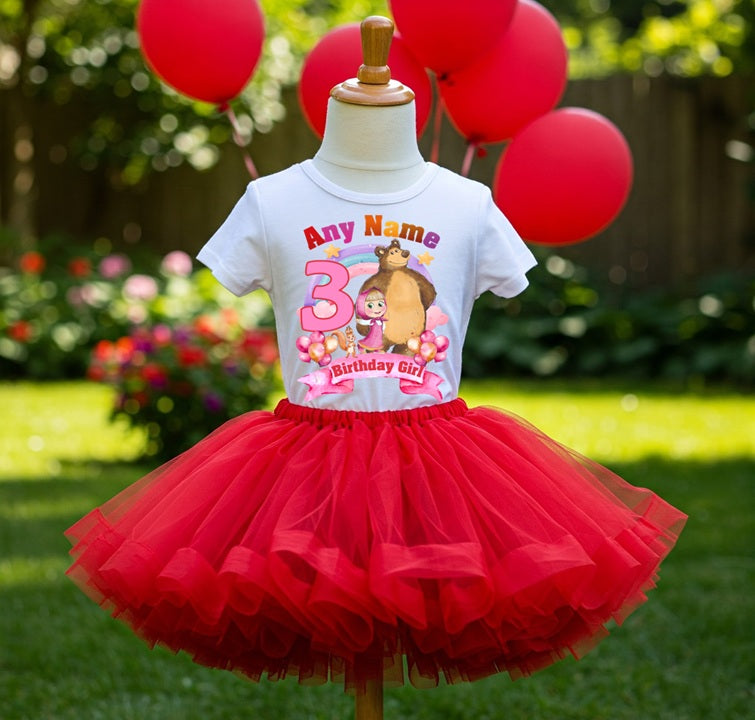 Masha and the Bear Tutu Set Girls Personalized Custom Red Tutu Outfit Dress Theme Cake Smash Birthday Party