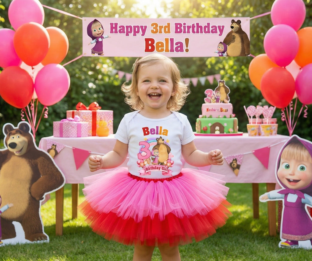 Masha and The Bear Tutu Set Girls Personalized Custom Hot Pink Red Tutu Outfit Dress Theme Cake Smash Birthday Party