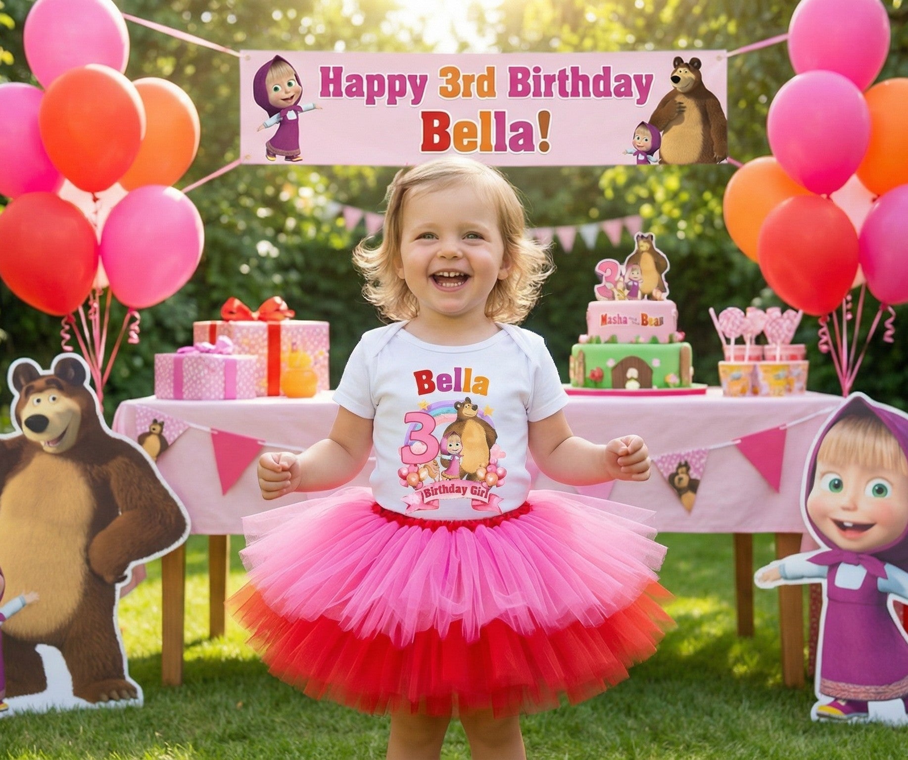 Masha and The Bear Tutu Set Girls Personalized Custom Hot Pink Red Tutu Outfit Dress Theme Cake Smash Birthday Party