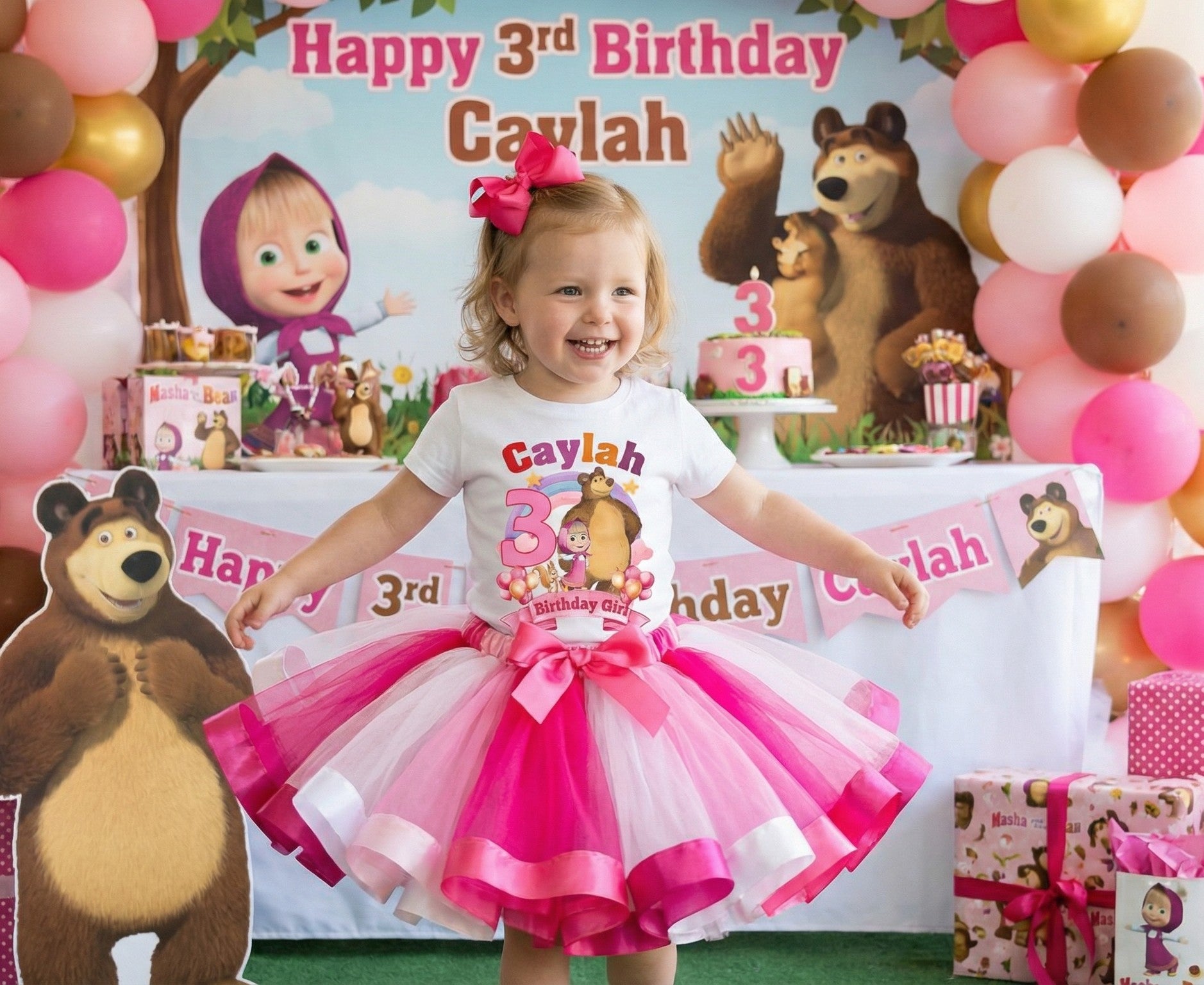 Masha and The Bear Tutu Set Girls Personalized Custom Hot Pink White Pink Ribbon Tutu Outfit Dress Theme Cake Smash Birthday Party