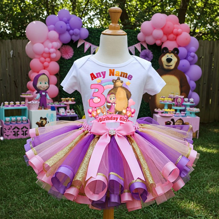 Masha and The Bear Tutu Set Girls Personalized Custom Pink Gold Purple Ribbon Sewn Trim Tutu Outfit Dress Theme Cake Smash Birthday Party