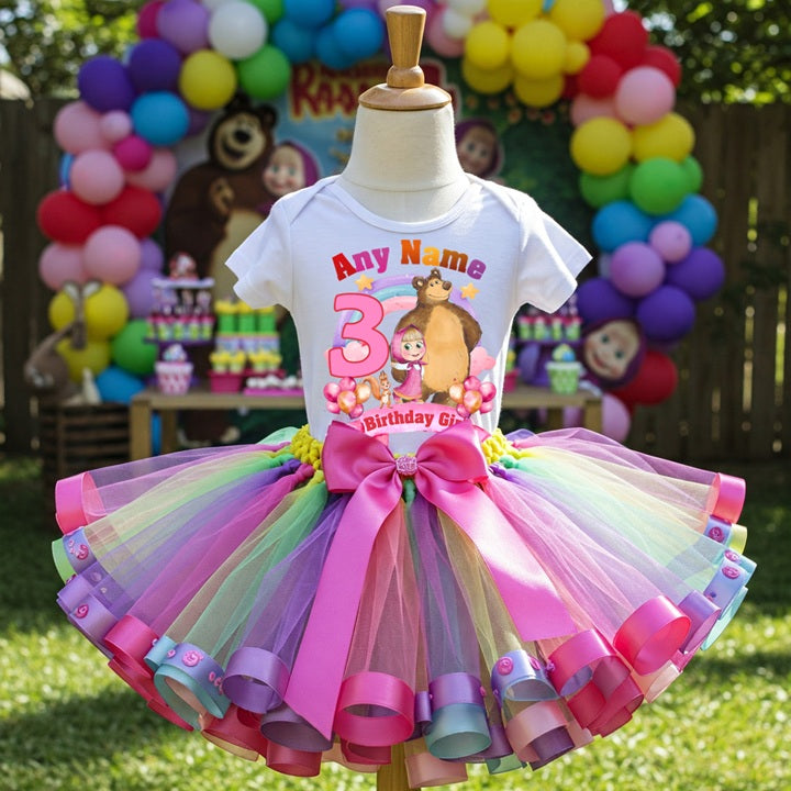 Masha and The Bear Tutu Set Girls Personalized Custom Multicolor Ribbon Sewn Trim Tutu Outfit Dress Theme Cake Smash Birthday Party