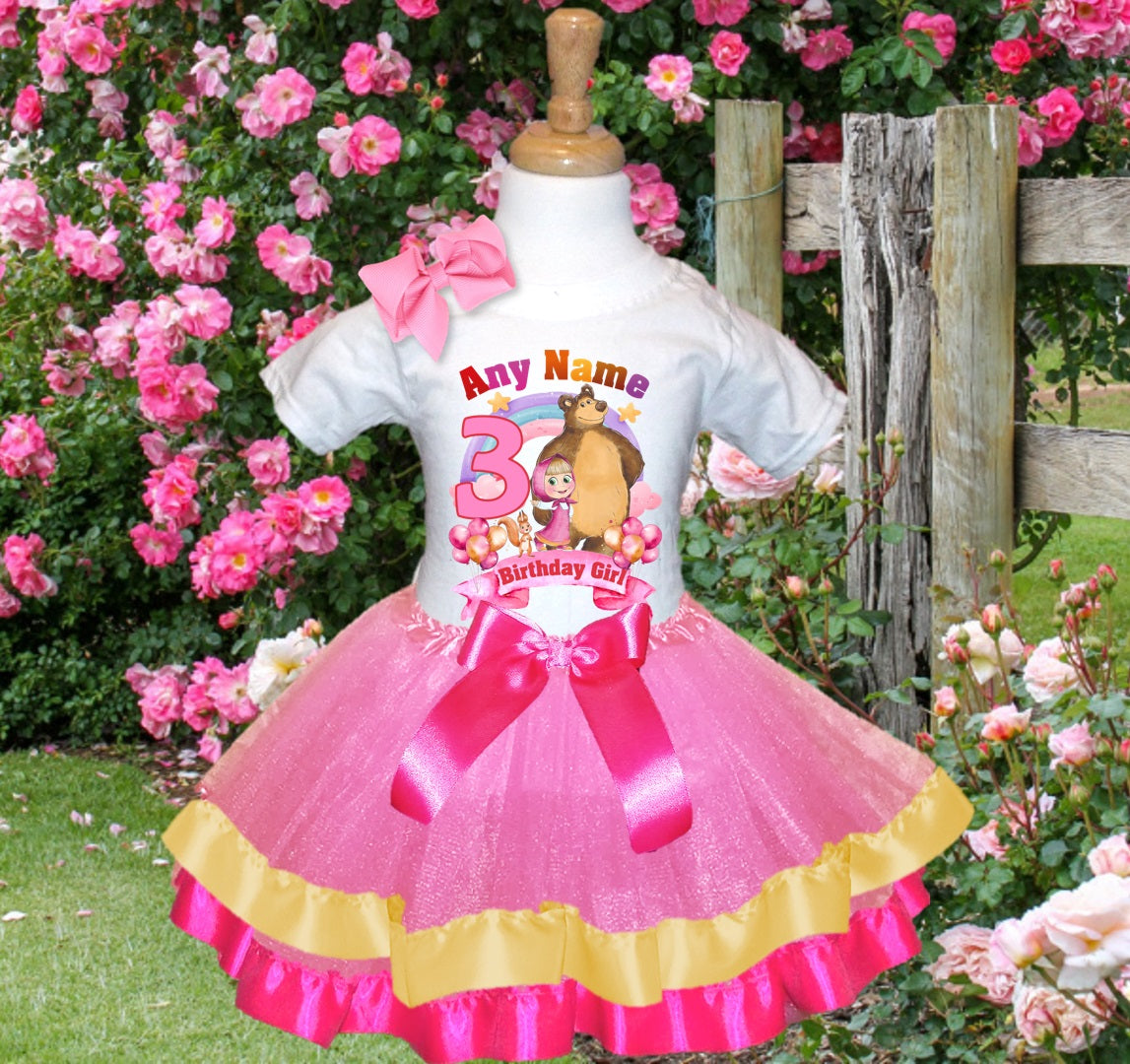 Masha and The Bear Tutu Set Girls Personalized Custom Pink Gold Hot Pink Ribbon Trim Tutu Outfit Dress Theme Cake Smash Birthday Party
