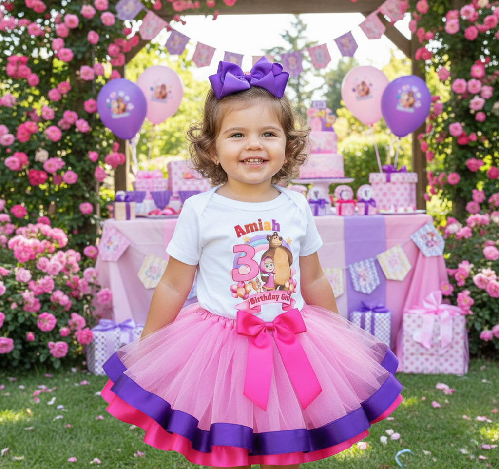 Masha and The Bear Tutu Set Girls Personalized Custom Pink Purple Hot Pink Ribbon Trim Tutu Outfit Dress Theme Cake Smash Birthday Party